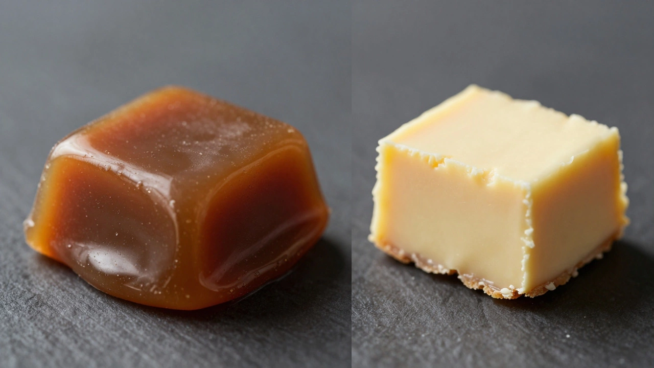 Comparison of a smooth, sticky fudge piece and a traditional crystalline fudge piece.