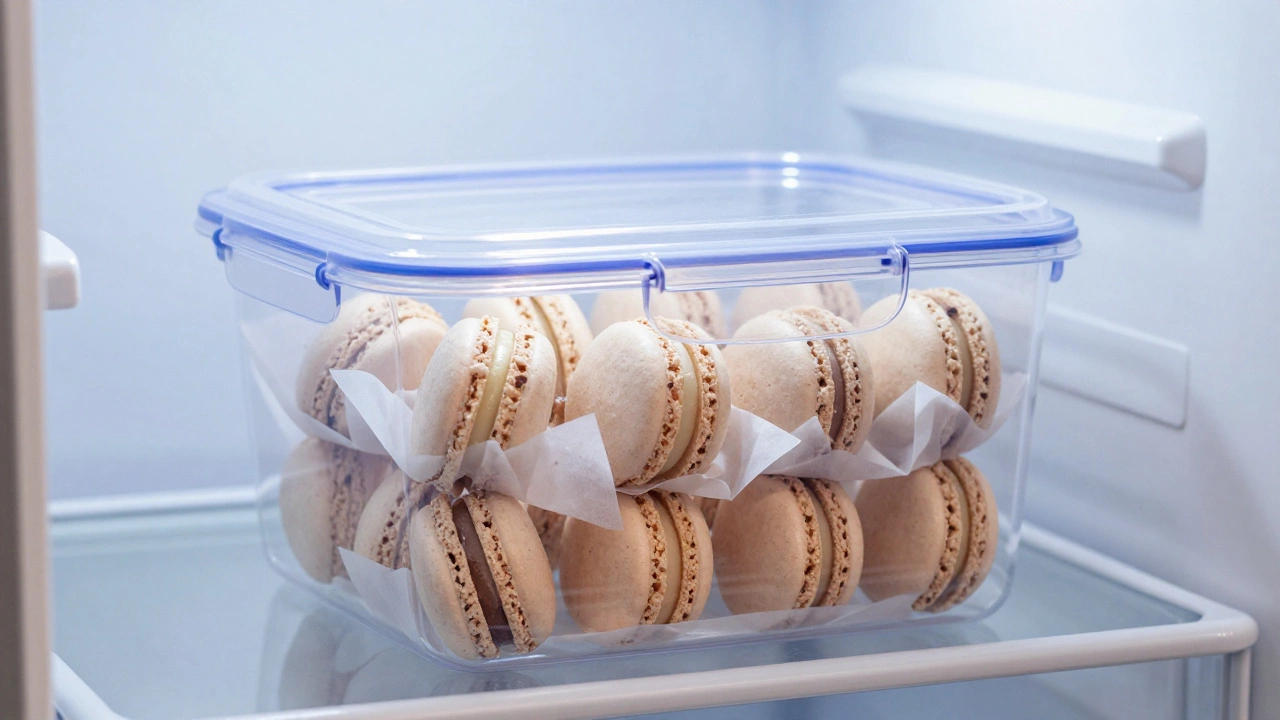 Macarons stored in an airtight plastic container with parchment paper layers.