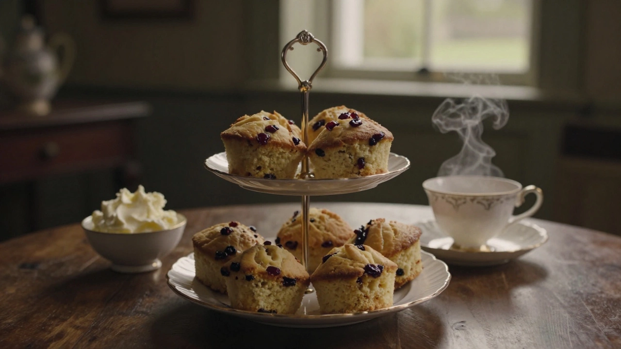 Small, golden-brown Queen Cakes with currants on a tea platter.