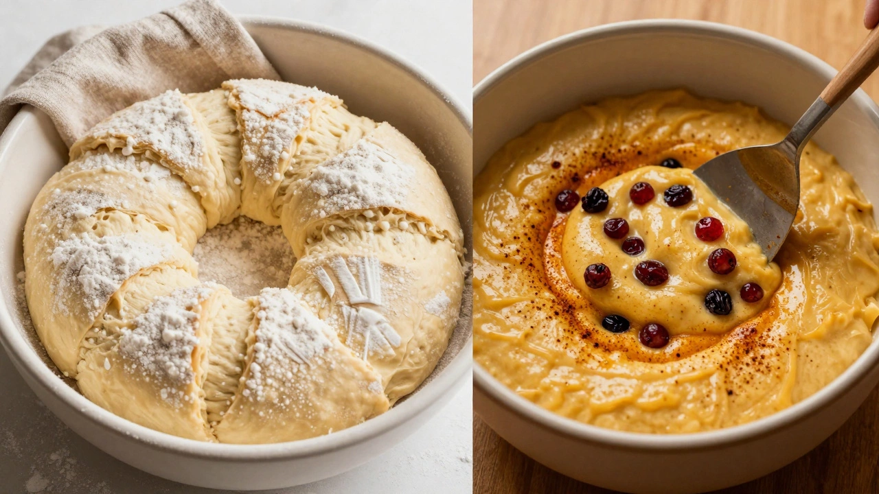 Split view showing rising yeast dough and thick spiced cake batter.