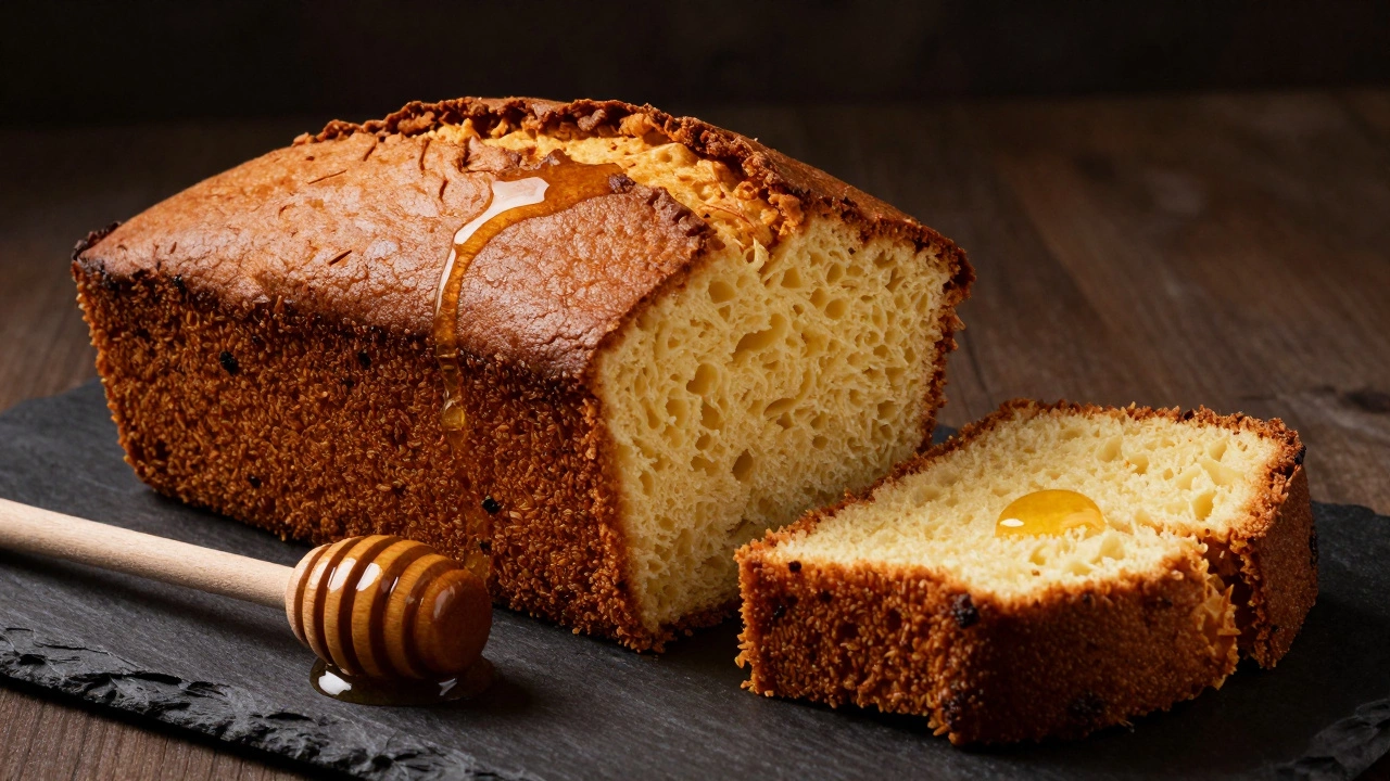 Thick slices of a dense, golden-brown pound cake with a drizzle of honey on a dark background.
