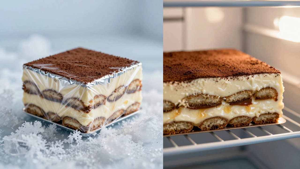 Tiramisu portions wrapped in plastic and foil for freezer storage next to a thawing piece.