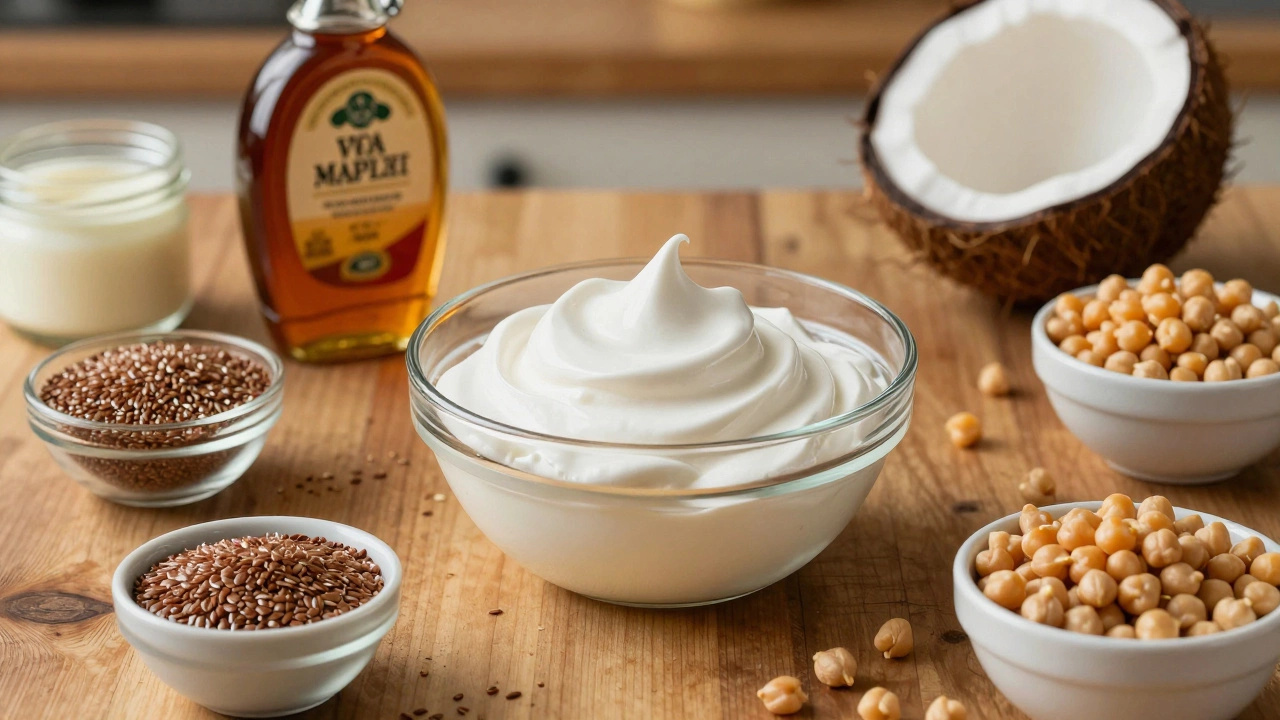 Various vegan baking substitutes like whipped aquafaba and flaxseeds on a wooden table