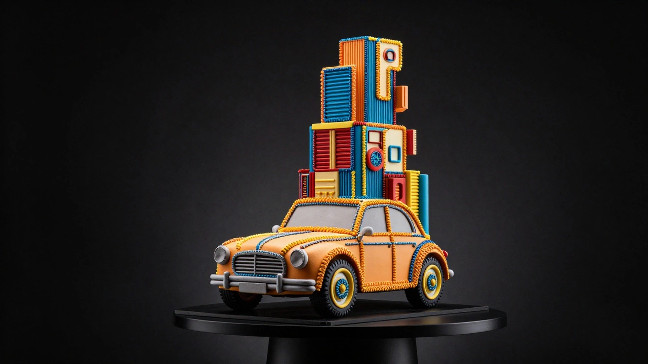 A towering, intricately decorated architectural cake masterpiece displayed on a pedestal against a dark background.