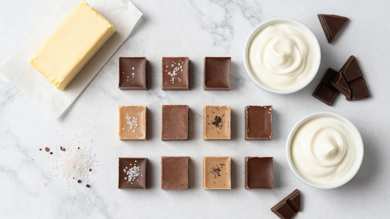 Assorted artisanal fudge squares with butter and cream