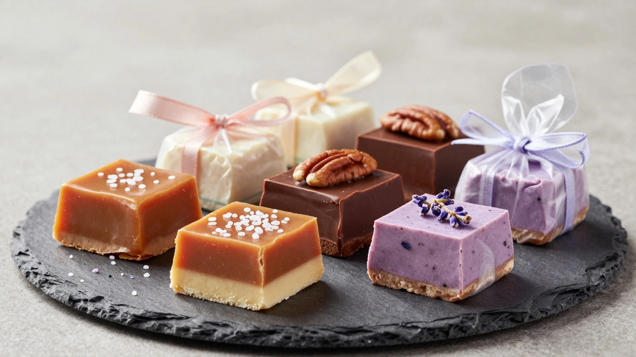 Assorted gourmet fudge squares with nuts and sea salt, elegantly wrapped for gifting.