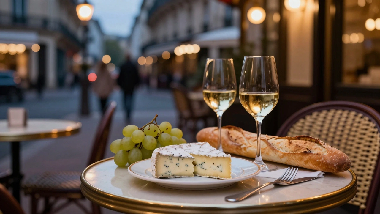 Cheese and wine platter at a cozy Parisian sidewalk cafe