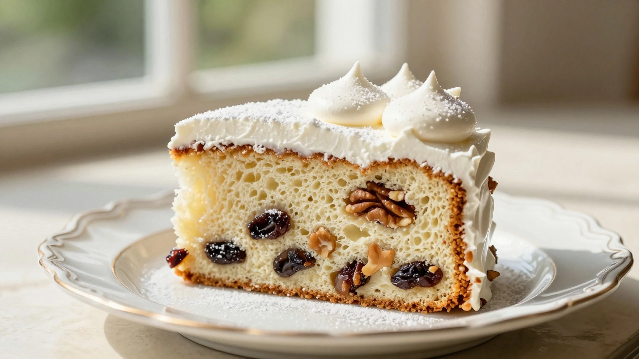 Close-up of airy Lady Baltimore cake with raisins and pecans