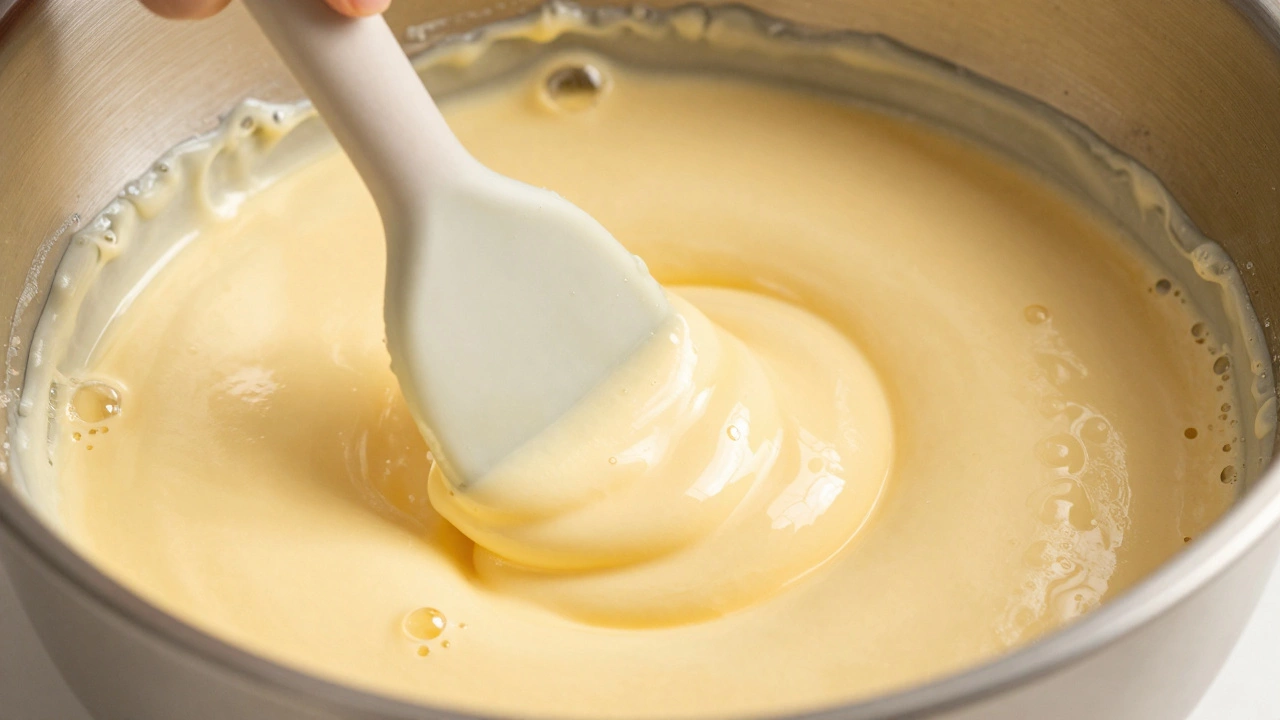 Close up of glossy cheesecake batter being mixed in a bowl