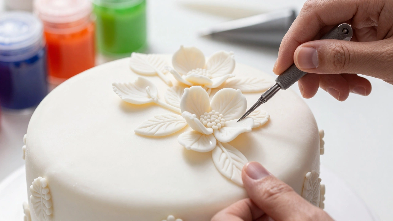 Close-up of hands sculpting detailed gum paste flowers onto a smooth white fondant cake surface.