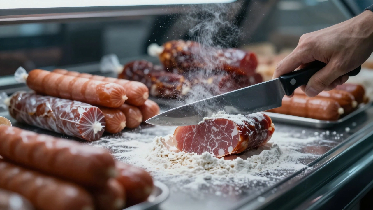 Close-up of sliced deli meat with floating flour dust showing cross-contamination risks.