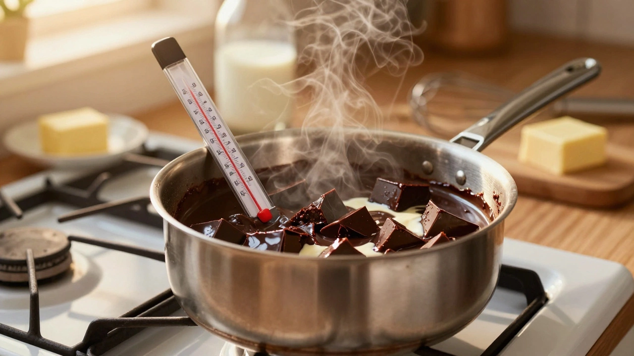 Cook melting chewy fudge chunks in a saucepan with cream and a candy thermometer nearby.