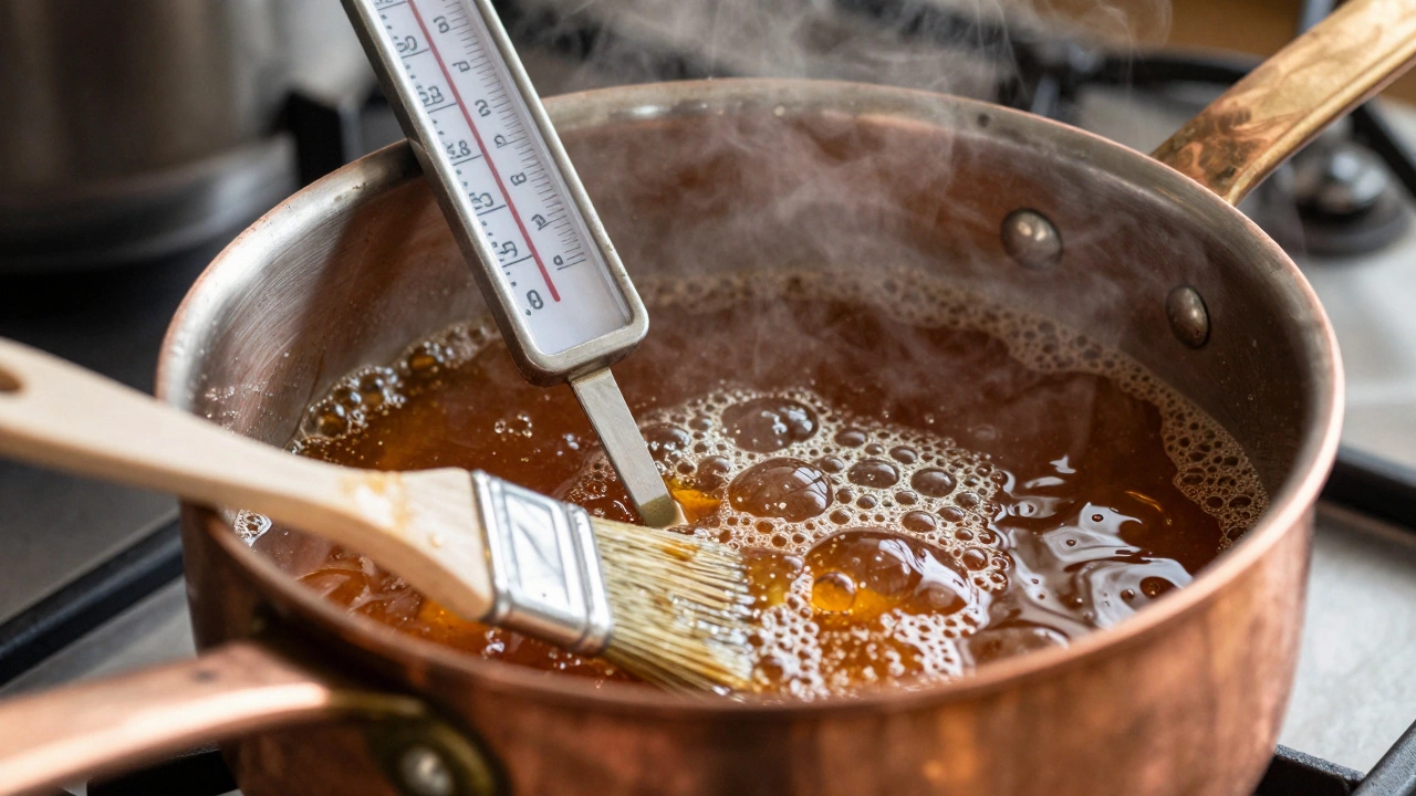 Copper pot with boiling sugar syrup and candy thermometer