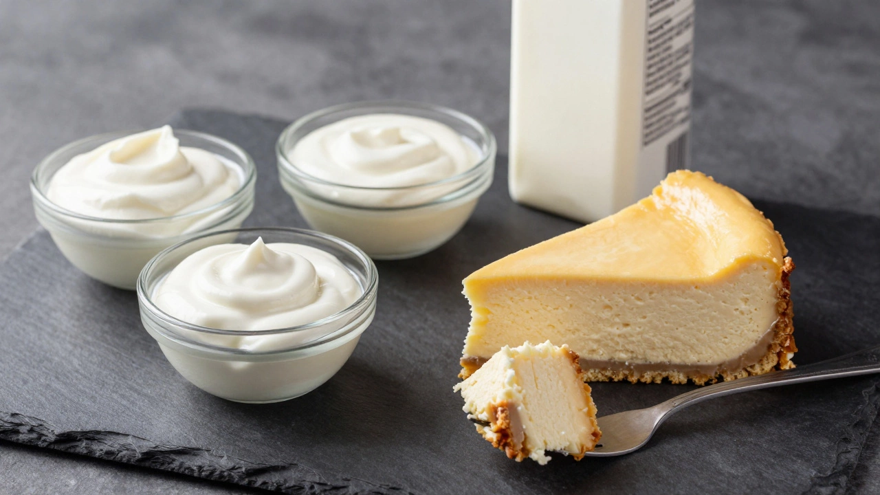 Dairy ingredients like heavy cream next to a slice of cheesecake