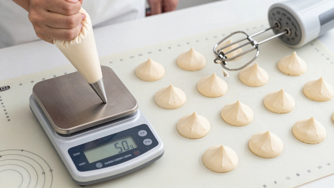 Digital scale, piping bag, and silicone mat ready for baking macarons.