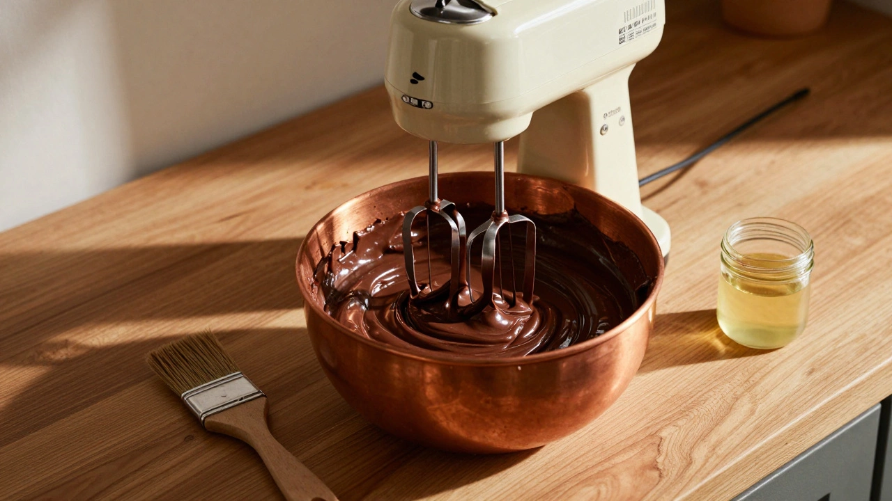 Electric mixer beating matte chocolate fudge