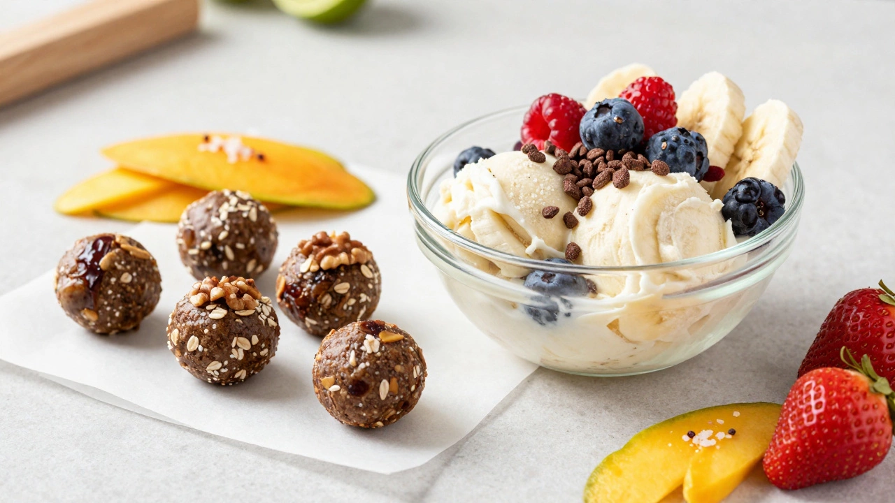 Frozen banana nice cream, energy balls, and dried mango on a countertop