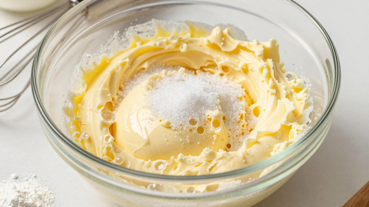 Glass bowl with creamed butter and sugar mixture showing trapped air bubbles for baking science.