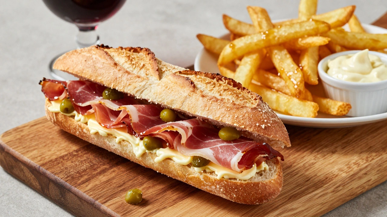 Jambon-beurre sandwich and fries on a rustic wooden table