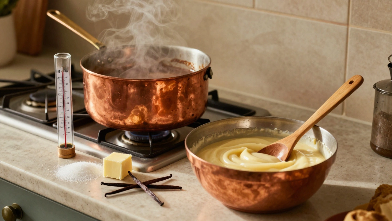 Kitchen scene with saucepan, candy thermometer, and ingredients for making homemade fudge.