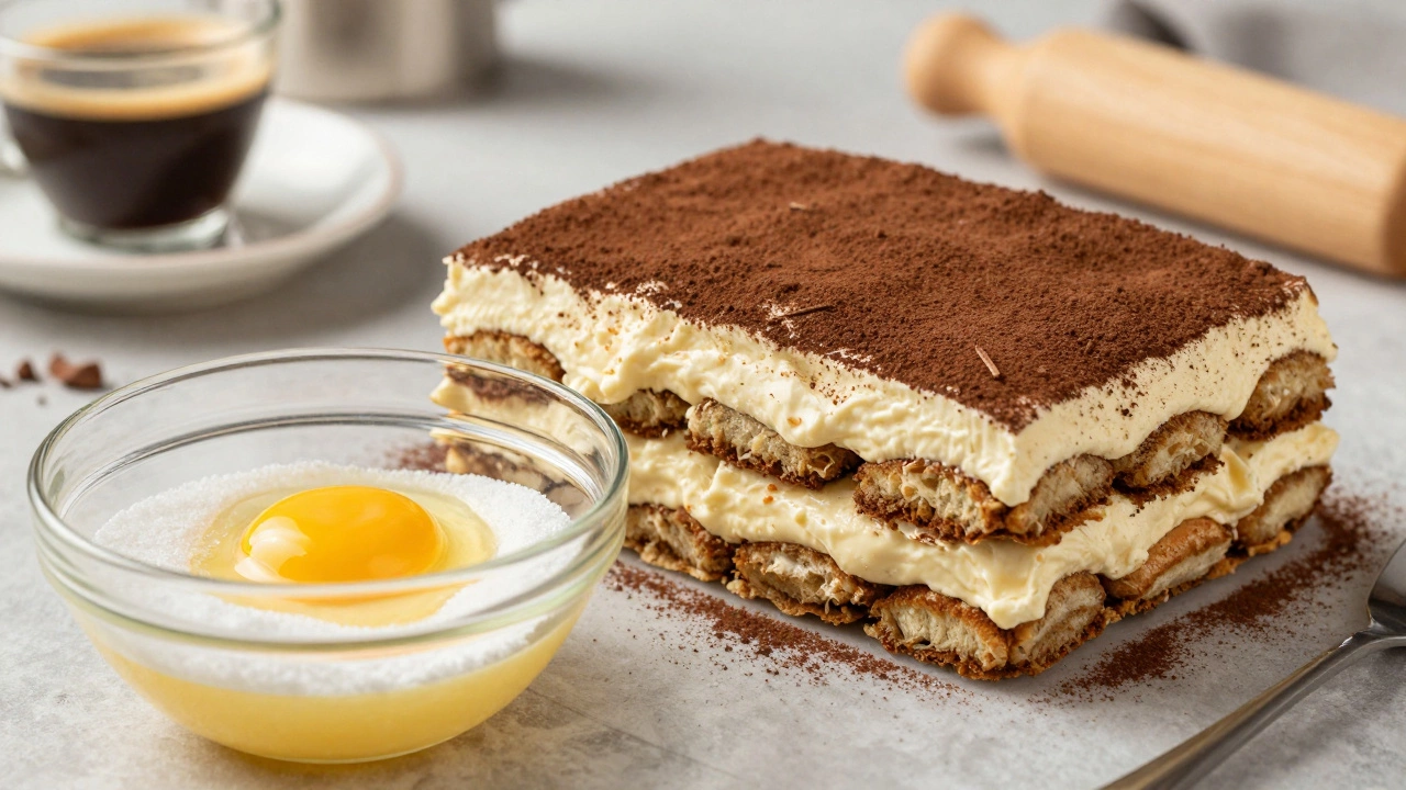 Layers of tiramisu with ladyfingers and cream, with a bowl of egg yolks nearby.