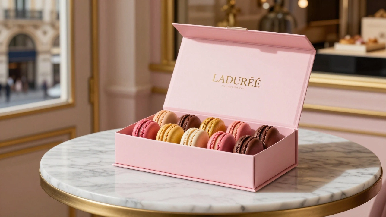 Luxury macarons in an elegant pink box on a marble table