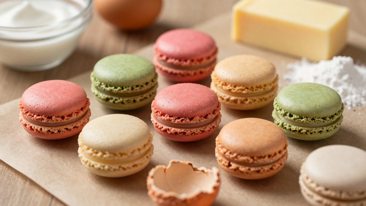 Perfect and cracked macarons showing artisanal baking waste