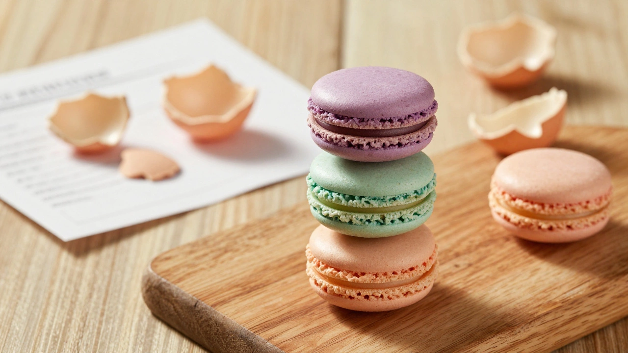 Perfect pastel macarons stacked next to cracked shells on a wooden board.