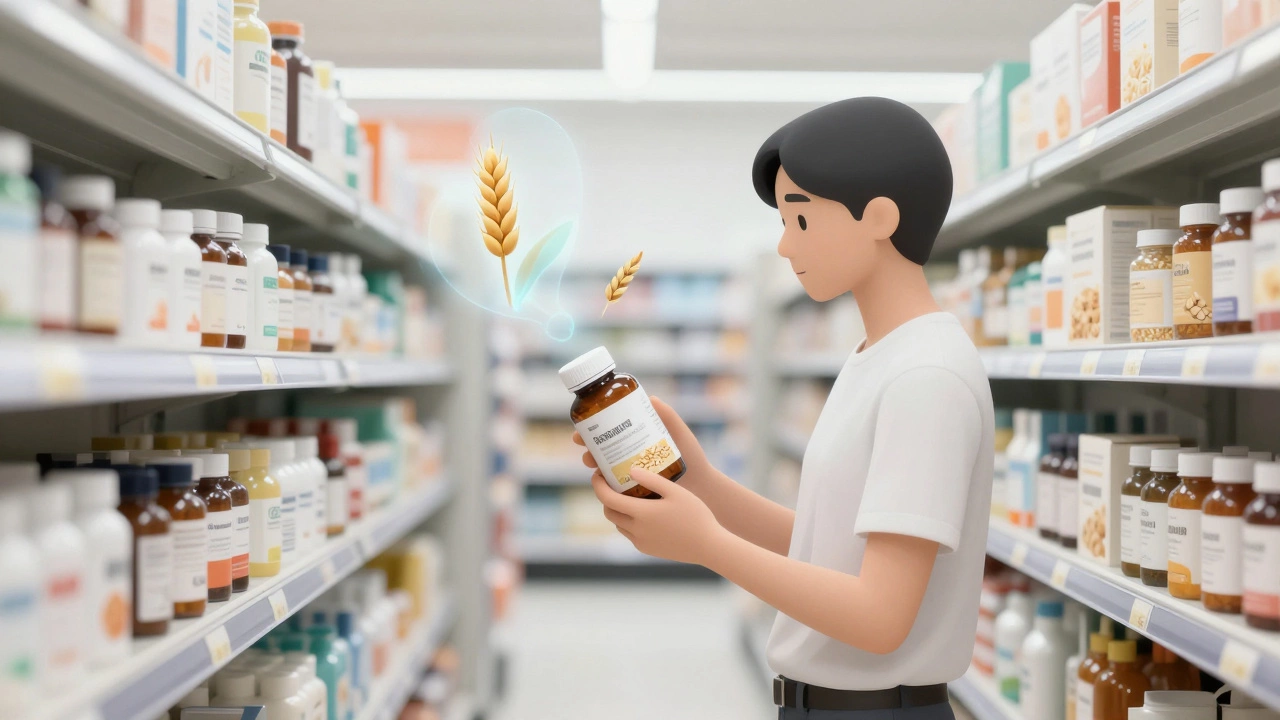 Person checking labels on meds and oats with floating wheat icons representing hidden gluten.