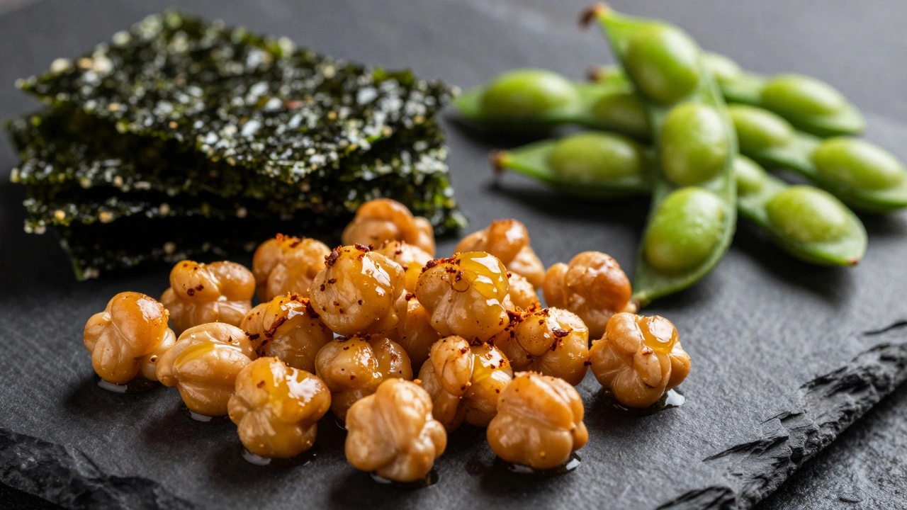 Roasted chickpeas, seaweed snacks, and edamame arranged on a slate board