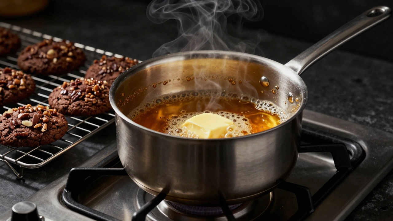 Saucepan with bubbling browned butter and toasted milk solids on a dark stovetop.