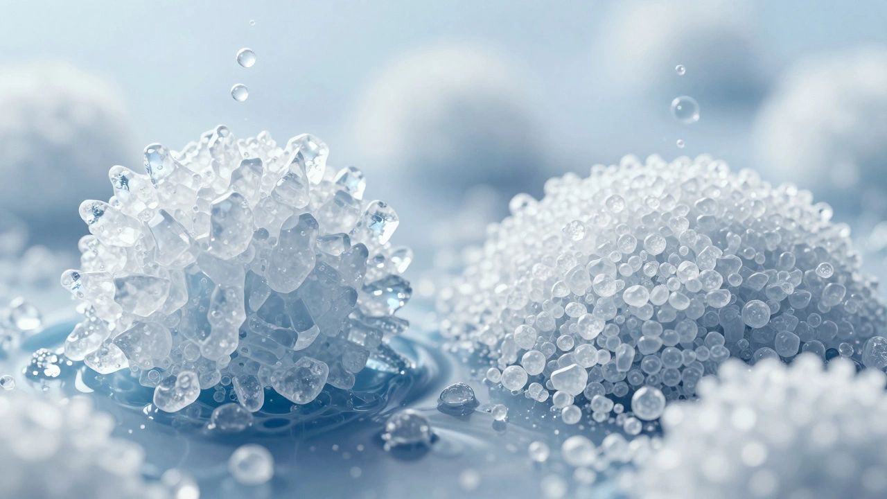 Scientific illustration showing large sugar crystals causing chewy fudge texture versus small crystals.