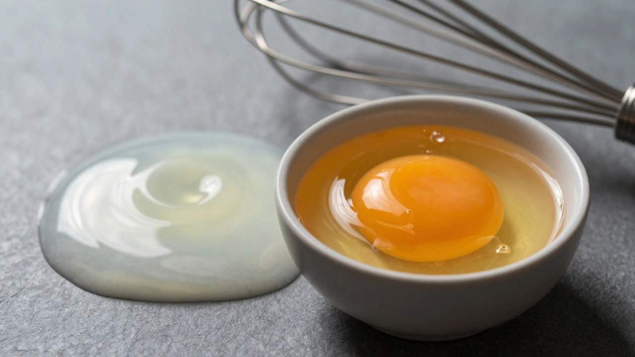 Separated egg whites and a golden yolk in bowls, highlighting nutritional parts.