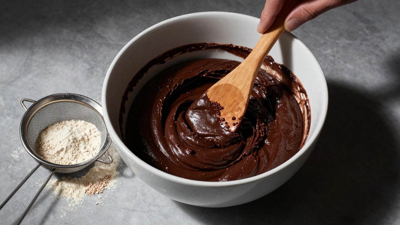 Chocolate cake batter being mixed with chickpea flour in a white bowl on marble.