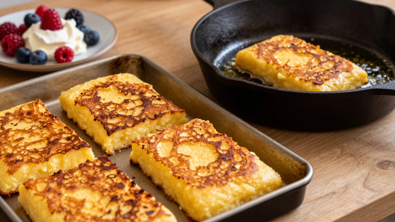 Crispy fried polenta cakes on a baking sheet with fresh berries