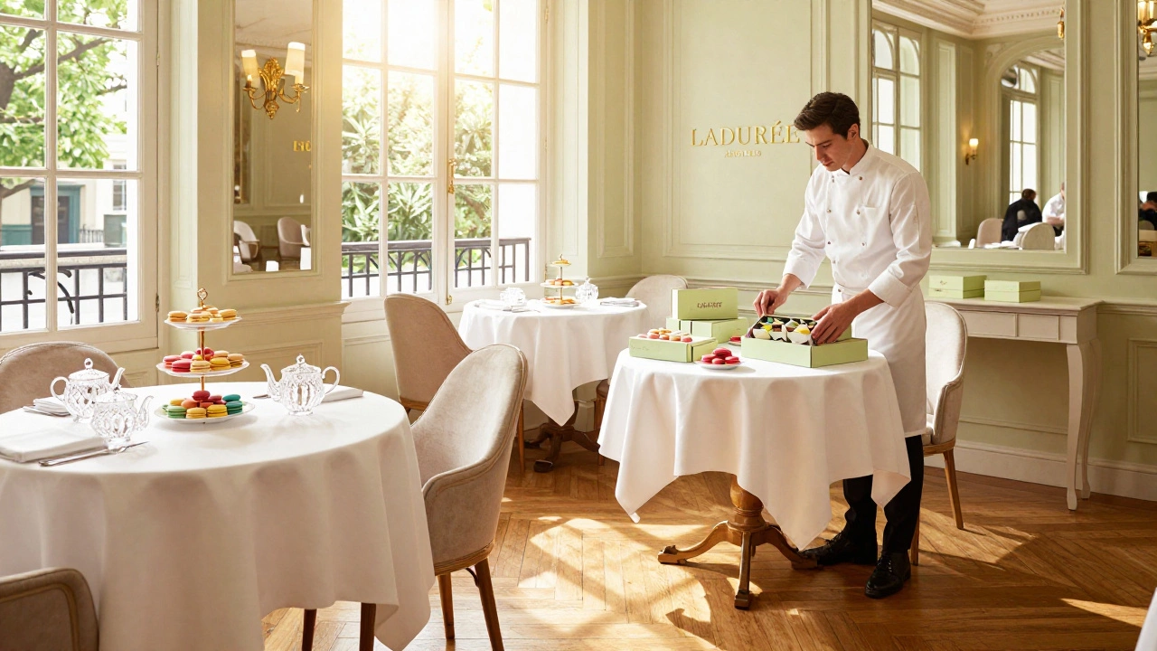 Elegant tea room interior with macarons in Sao Paulo