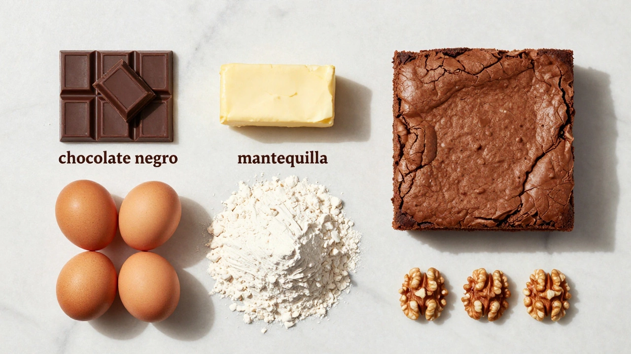 Flat lay of baking ingredients including chocolate, butter, and a brownie.