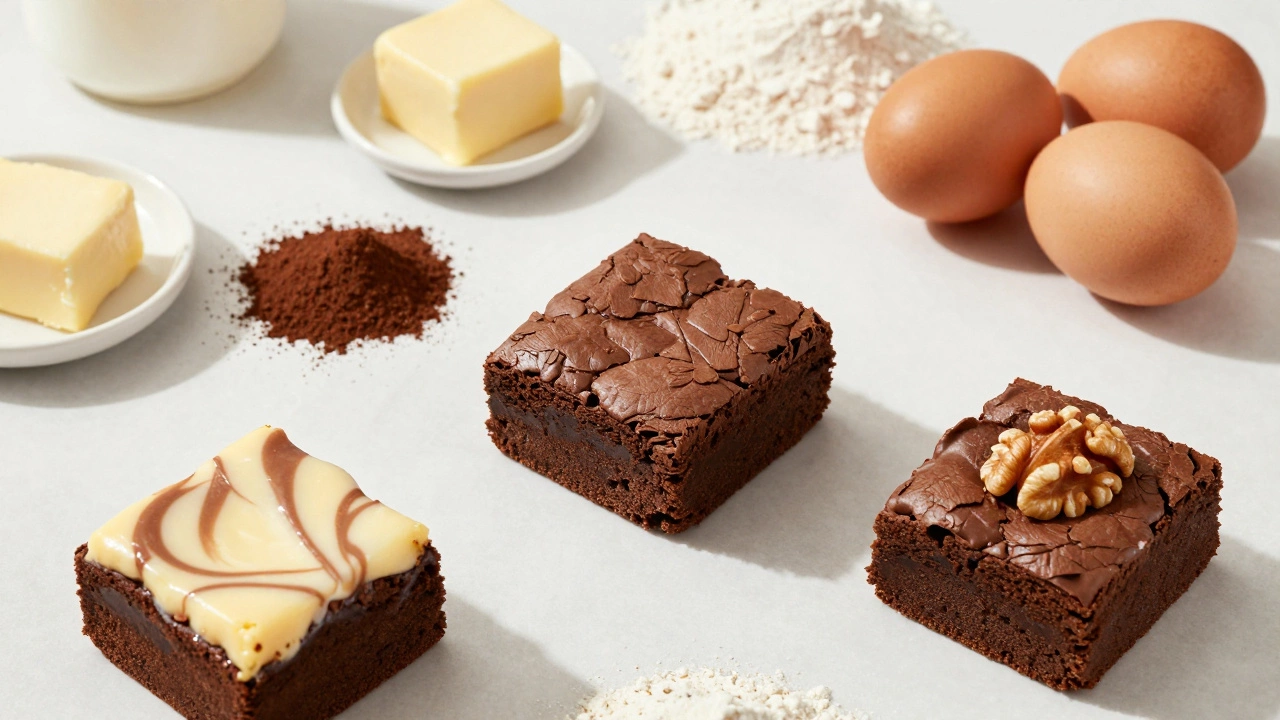 Flat lay of various brownie types and baking ingredients on a table