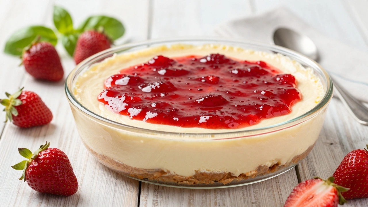Fluffy no-bake Philadelphia cheesecake with strawberry topping