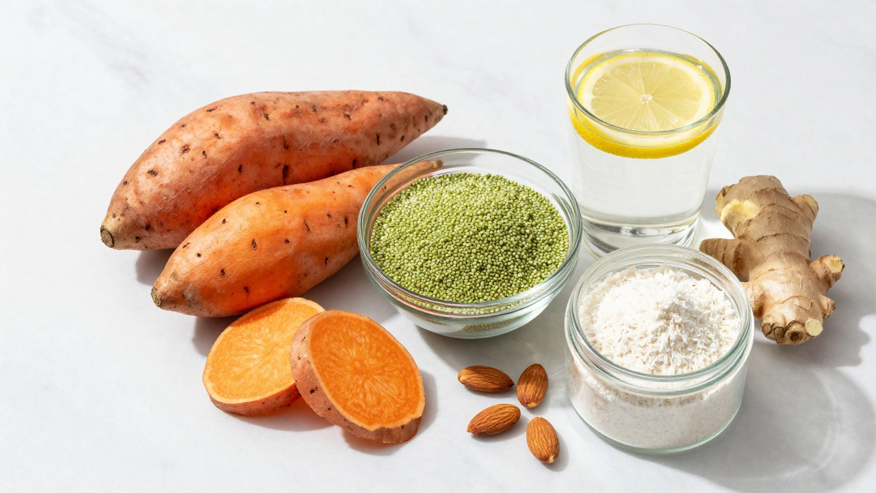 Fresh gut-friendly foods like sweet potato and quinoa
