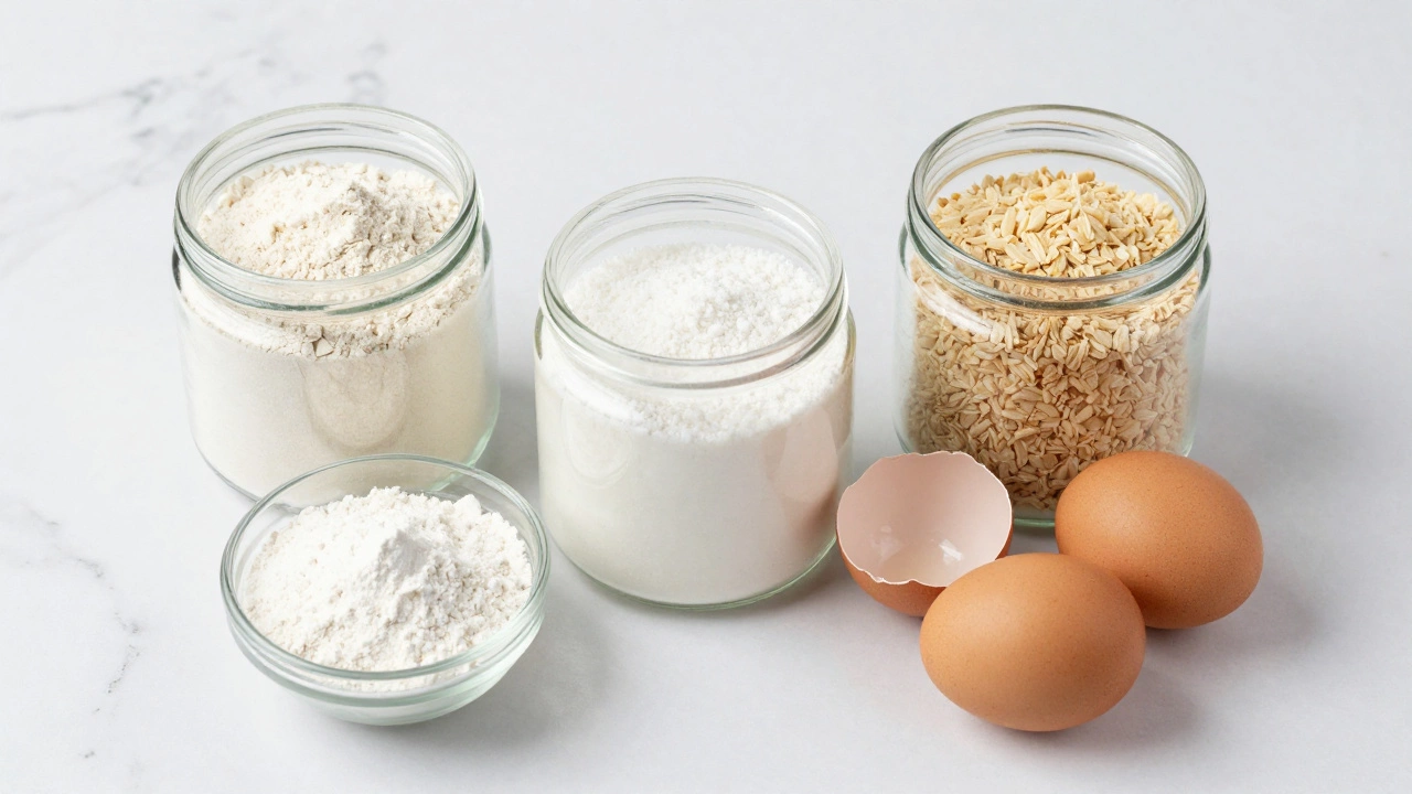 Gluten-free flours, xanthan gum, and eggs on marble counter