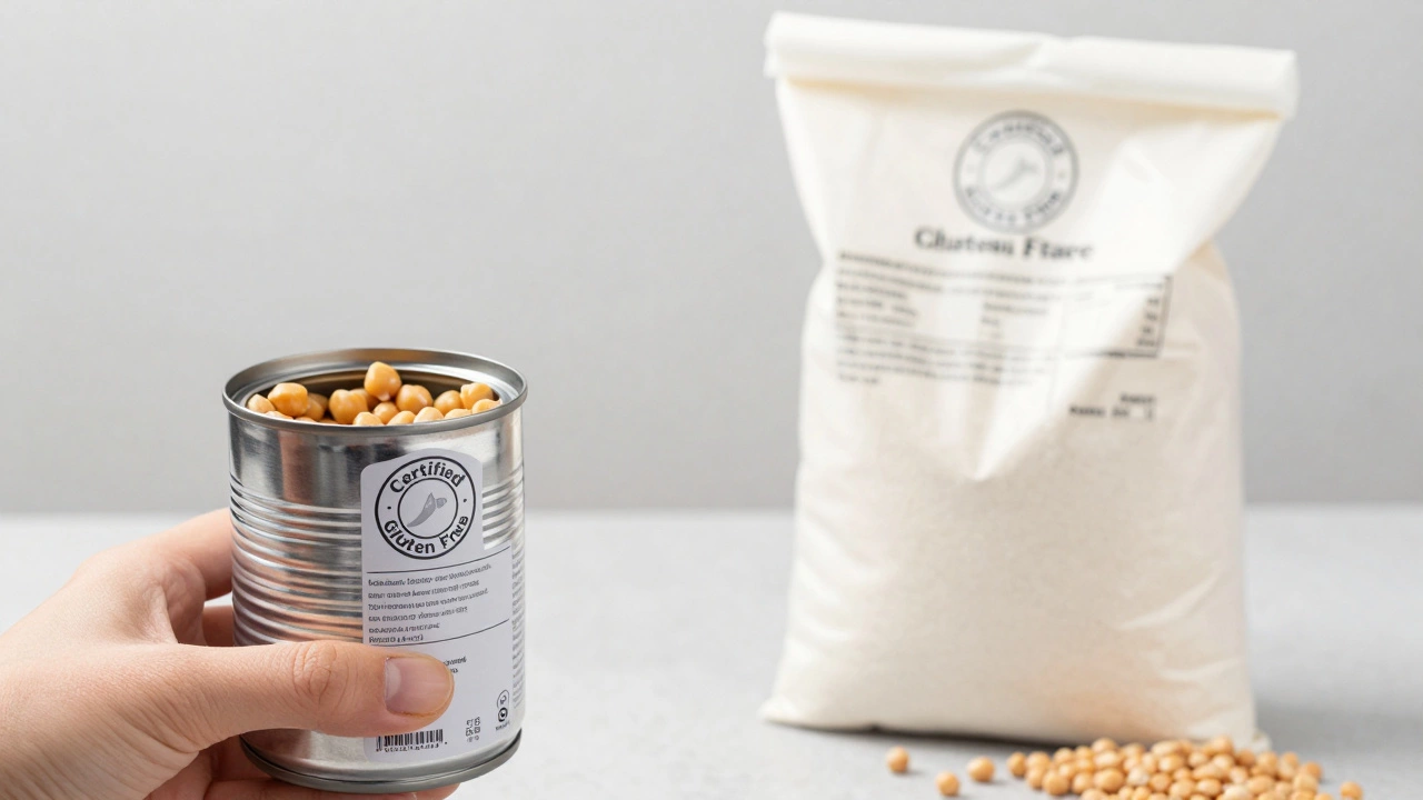 Hand holding certified gluten-free chickpea products with clear safety seals.