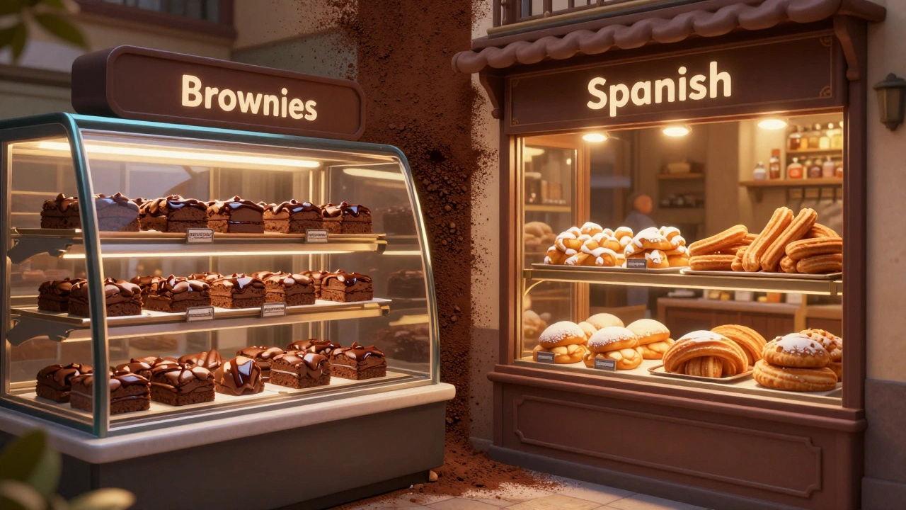 Illustration comparing modern brownies with traditional Spanish pastries.