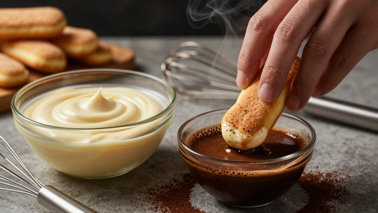 Ladyfingers being dipped in espresso next to mascarpone cream for tiramisu
