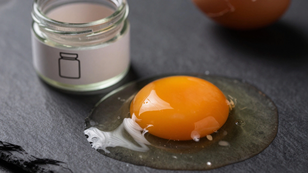 Macro shot of a cracked raw egg with vibrant yolk on a dark slate surface.