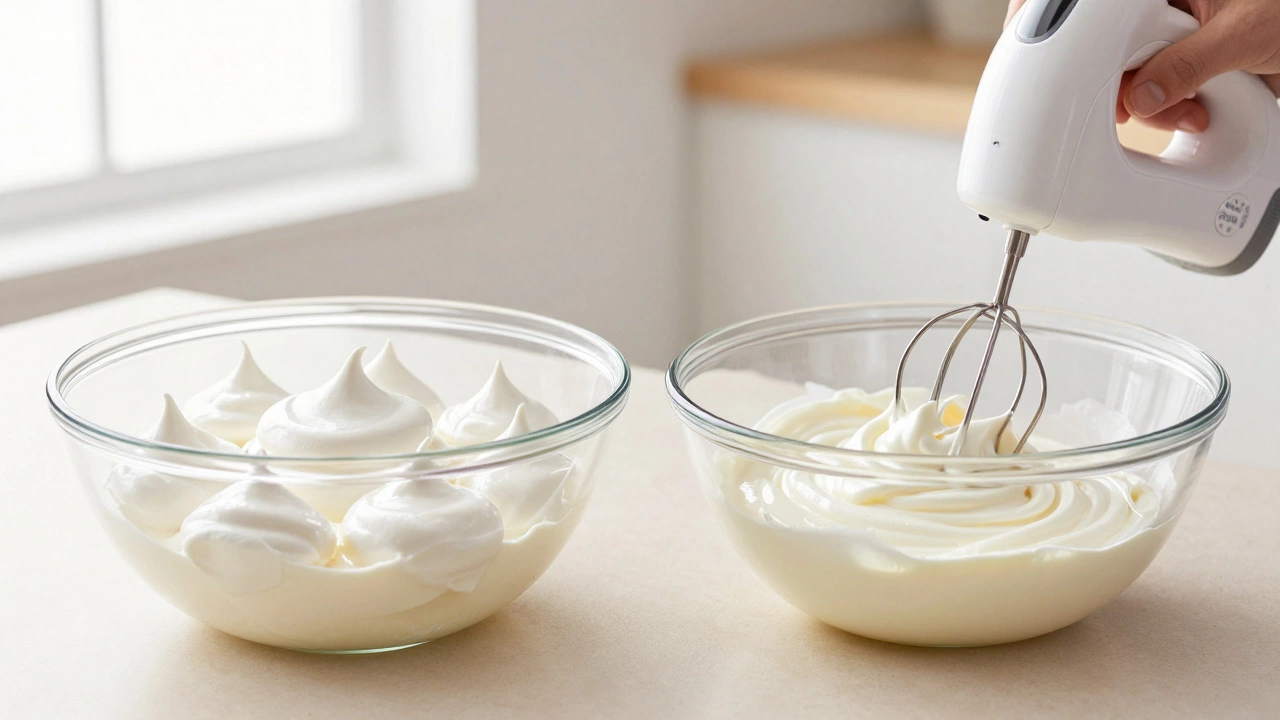 Meringue in bowl showing stiff vs soft peak textures