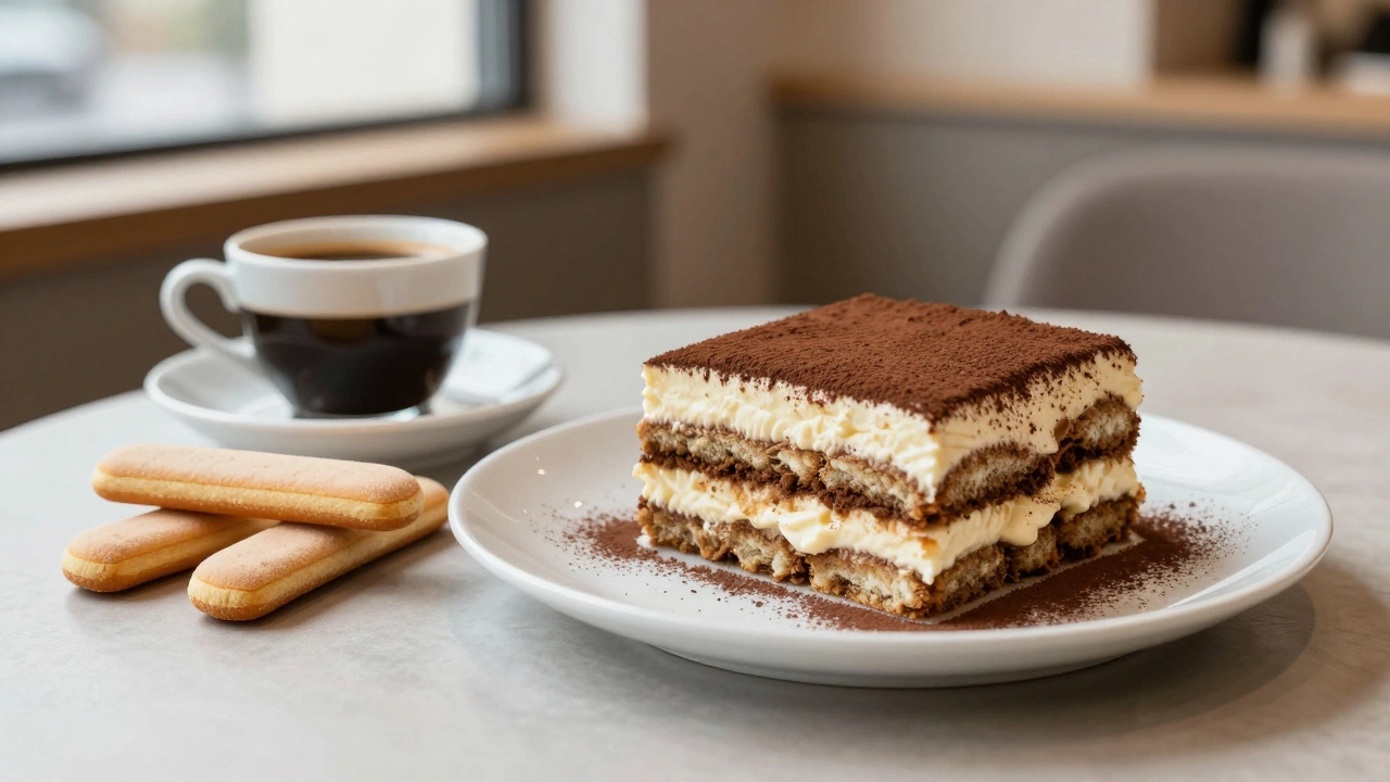 Slice of layered tiramisu dusted with cocoa powder on a white plate