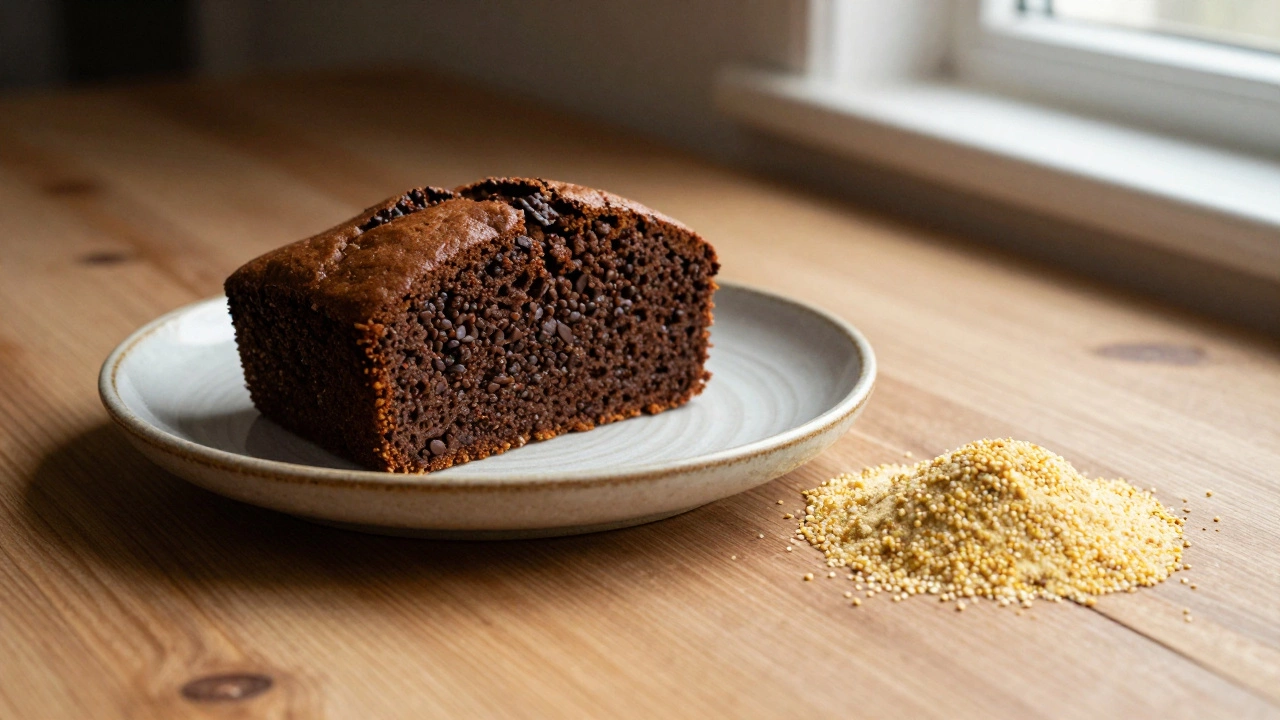 Slice of moist gluten-free cake next to quinoa flour and whole grains.