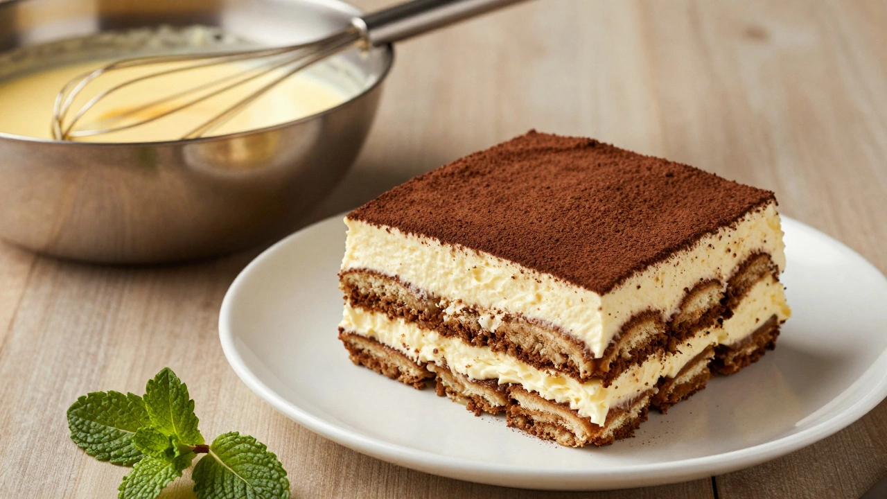 Slice of tiramisu next to a bowl of gently cooked egg custard base.