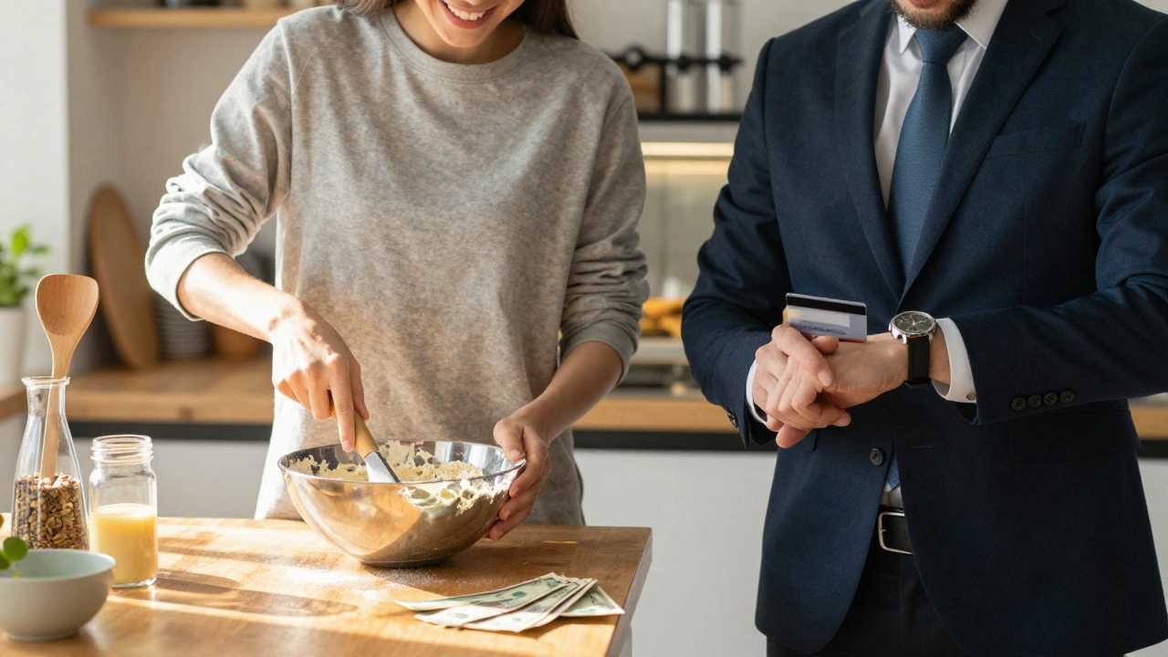 Split image showing home baking versus buying a cake for convenience